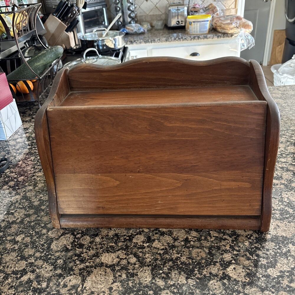 Vintage Wooden Bread Box Breadbox Flip Down Lid